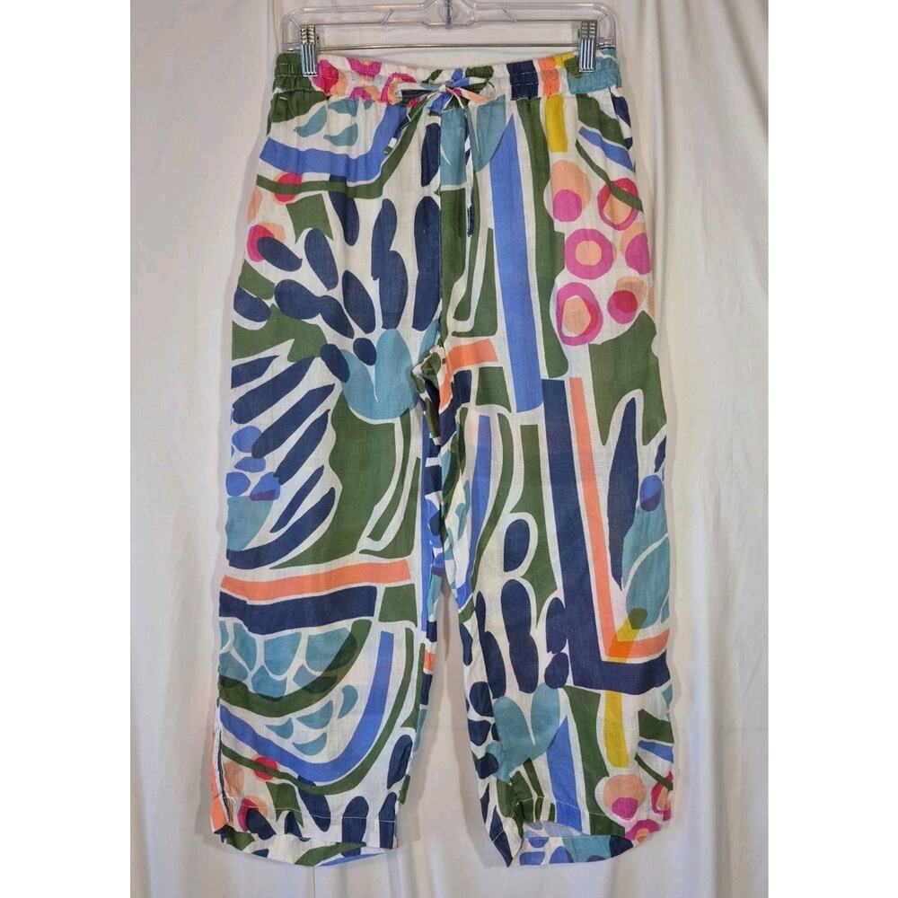 120 Lino Wide Leg Blue Green Floral Linen Pants EU 42 US 6 - Picture 2 of 9